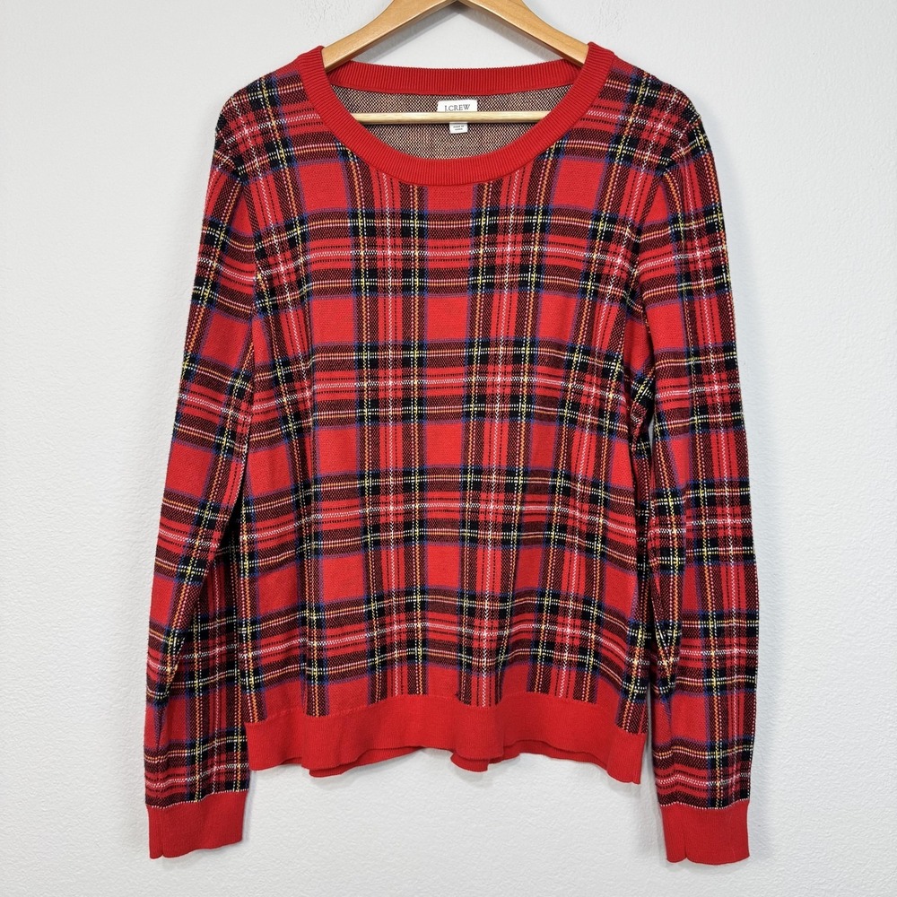 J.Crew‎ Tartan Jacquard Pullover Sweater Women's XL Red Tartan Plaid 100% Cotton